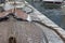 Small boats covered with a fishing net in a marina on the coast