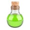 Small bottle with a cork filled with green liquid. Medical concept