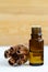 Small bottle with essential cinnamon oil. Cinnamon sticks close up. Aromatherapy, spa and herbal medecine concept.