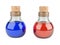 Small bottles with a cork filled with red and blueliquid. Medical concept