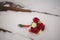 A small bouquet of the bride lies on the snow-covered steps, wedding