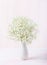 Small bouquet of Gypsophila flowers in porcelain white  vase against a light pale  pink wooden background. Selective focus