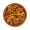 Small bowl filled with dried apple chunks with pumpkin seeds