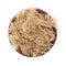 Small bowl filled with shredded slippery elm bark on a white background top view