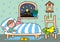 Small boy at bed, cute vector illustration