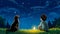 Small boy and dog upward in awe at magic night sky