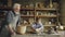 Small boy is molding clayware in his grandfathers`s studio while his caring senior grandpa is standing near him and