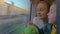 Small boy with mother sitting against window in their rail train place and watching outside