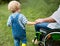 Small boy with unrecognizable senior grandfather in wheelchair on a walk on meadow in nature.