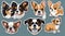 Small breed dogs stickers. Chihuahua, french Bulldog, Cavalier King Charles Spaniel, Welsh Corgi, Papillon dog portrait.