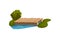 Small bridge made of wood planks, blue pond, green tree, grass and bush. Object for park or backyard. Flat vector design