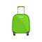 Small bright green suitcase on wheels. Travel bag with telescopic handle. Tourist baggage. Flat vector icon