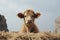 a small brown cow laying in a pile of hay