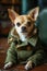 A small brown and white dog is wearing a green coat. Generative AI