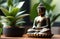 small buddha statue in lotus pose near window among house plants. meditation, spirituality concept