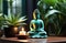 small buddha statue near window among candles and house plants. meditation and spirituality