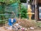 Small Buddhist sanctuary among the heaps of garbage on a city street, a garbage dump near a