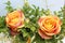 Small bunch with two orange roses and fine leaved blueberry bran