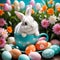 A small bunny in a cup, surrounded by flowers and Easter eggs.