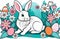 A small bunny, surrounded by flowers and Easter eggs.