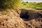 a small burrow hole in a muddy bank