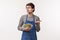 Small business, finance and career concept. Portrait of greedy caucasian male in apron pointing with hand at camera and