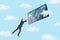 A small businessman flies in the sky and grabs a giant credit card in a jump. Living for money.