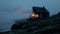 A small cabin perched on a remote and rugged island battered by wind and rain. Yet smoke billows from its chimney and a