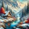 A small cabin in a pure wonder fantasy mountain, with a lake, layer of delicate snow, painting, tree, autumn colors, wallpaper art