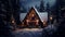 Small cabin in the woods, covered in snow and decorated for Christmas celebration