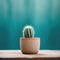 A small cactus plant in a pot on a wooden table, AI