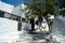 Small cafe in a shady square on the charming Greek island of Amorgos