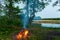 Small camp fire in  forest at the twilight