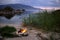 Small campfire on the shore of Lake