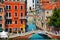 Small canal with colorful buildings and bridges in Venice. Close up view from cruise ship on Canal Grande. 15/07/2011 - Venice,