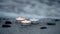 Small candles on edge of sandy beach on shore next to sea waves