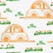 Small car with hippy driver. Seamless pattern for bed cloth, child plaid or blanket. Ink, pen drawing. Hand drawn pattern in child