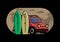 Small car and two surfboards illustration