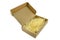 Small cardboard made of corrugated cardboard with an opening upper part filled with hay, isolated on a white background with a cli