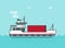 Small cargo ship floating on ocean vector illustration, flat cartoon shipping freighter boat on sea waves carrying cargo