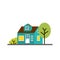 Small cartoon turquoise house with trees, isolated vector illustration