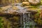 Small cascade waterfall flowing into rocks in a lush forest