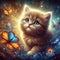 a small cat is surrounded by butterflies and blue eyes, and in the middle it