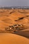 A small cattle farm is located in the middle of sand dunes at sunrise in an Arabian desert