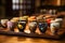 Small ceramic cups showcasing a flight of different types of sake. Ai Generated.NO.04