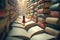 A small character of child walking through the tunnel of book towers
