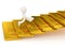 Small character on gold bar stairs, 3d rendering