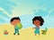 Small character kid play sand beach, children woman man carry ball flat vector illustration. Female male child