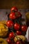 Small cherry tomatoes in vintage worn can and pasta around