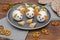 Small chicken eggs mouse,mice with ears of carrot,cheese on plate,creative, fun food,healthy lunch snack idea for kids party. Menu